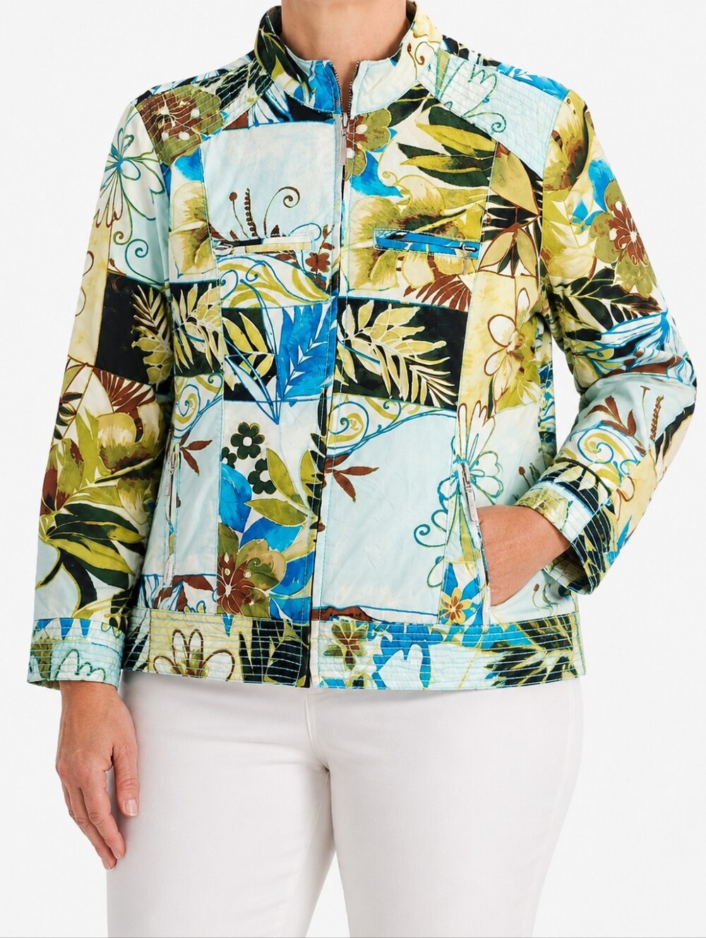 Chico's Tropical Floral Patchwork Zip Jacket Women Size 2 XL Boho Cotton
